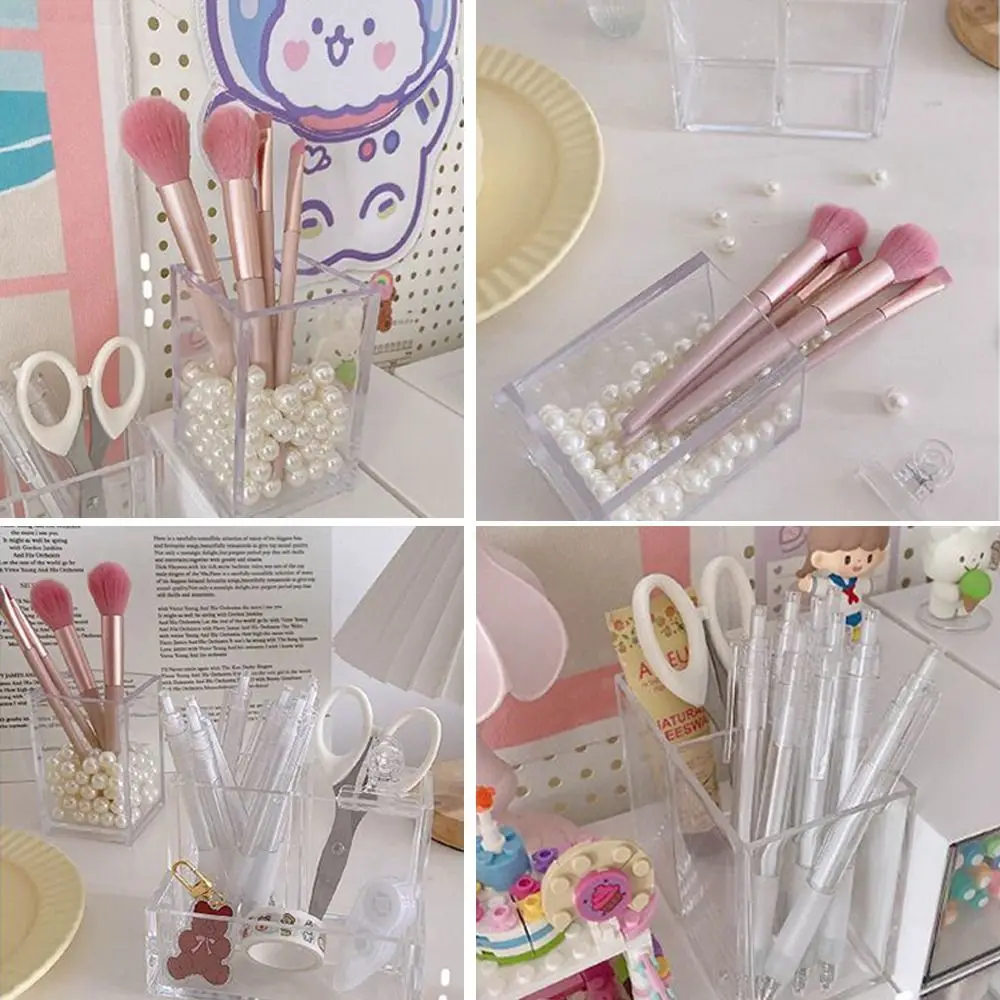 New Transparent Acrylic Pen Holder Square Three Grid Storage Rack Large Capacity Stationery Pencil Rack School