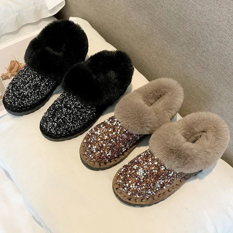 

Women's Snow Boots Round Head Anti-slip Velvet Lining Light Winter Women Shoes Ankle Botas Thick Sole Rhinestones Sequins Shoes