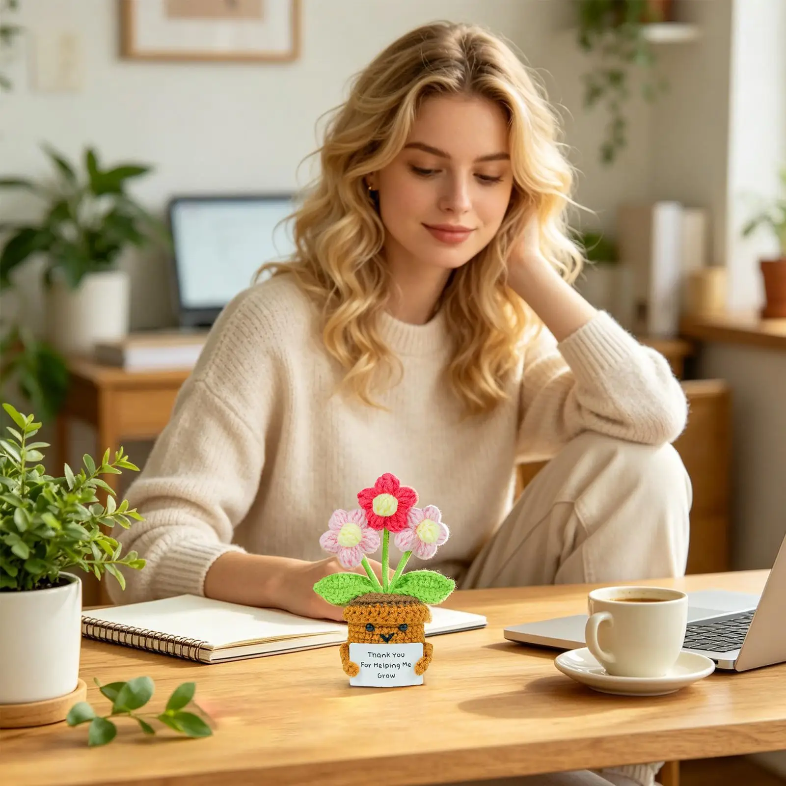 Thank You For Helping Me Grow Crochet Handmade Appreciation Desk Decoration Crocheted Flowers For Mom Women Her Friends Female