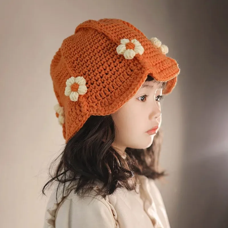 

Handmade Woolen Crochet Hat Winter New Children Cute Flower Warm Girl Fisherman Hat