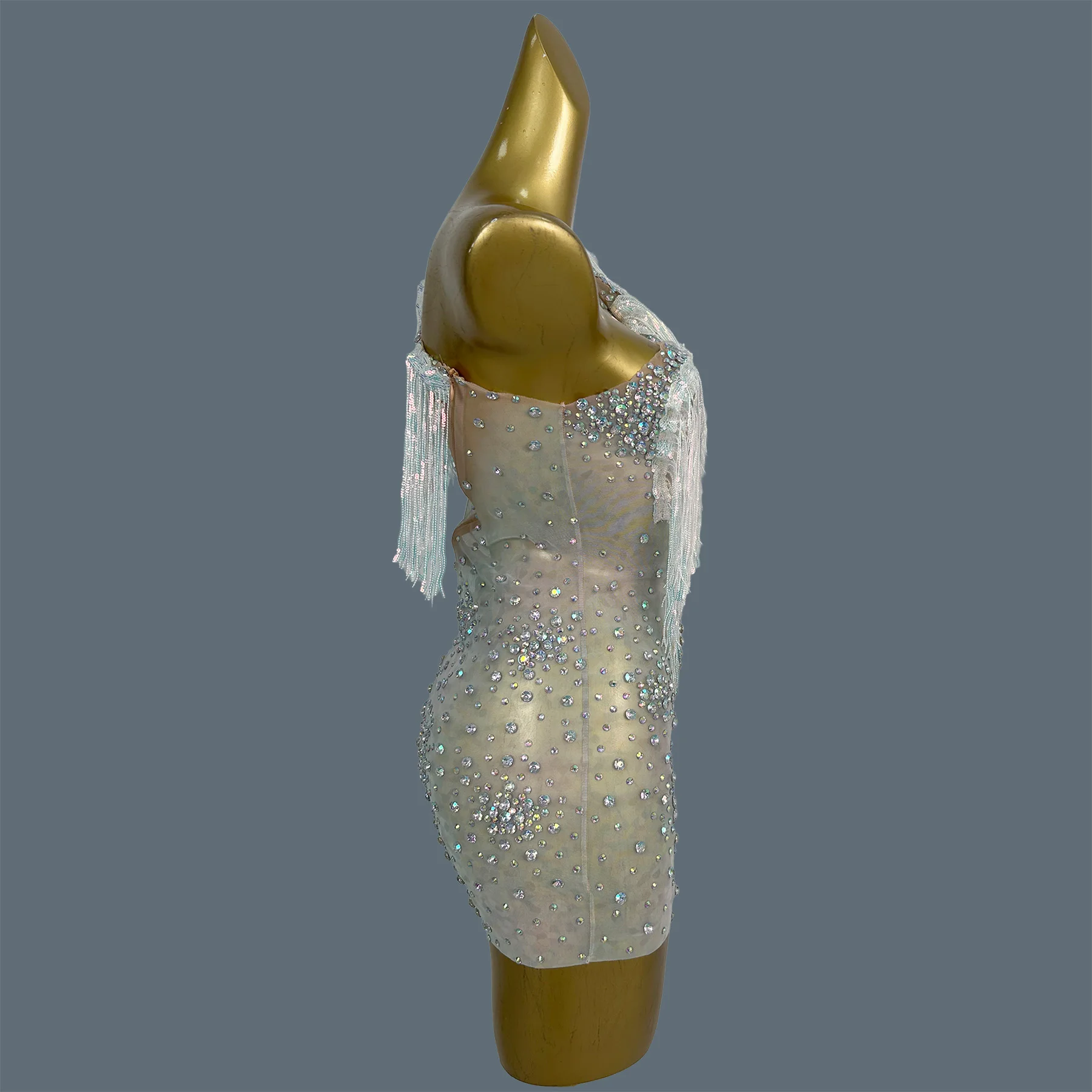 

Women Sheer Mesh Tassel Dance Wear Night Club Sparkly Rhinestone One Shoulder Tassel Cocktail Dress Party Birthday Outfit Keshui