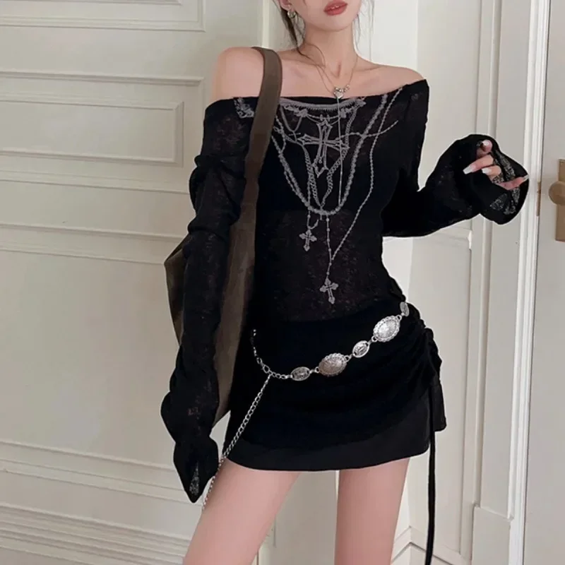 Off Shoulder Tops Women Black Long Sleeve Tee Fashion Tattoo Print Thin Knitwear Korean Style Gothic Shirt Female Grunge Clothes