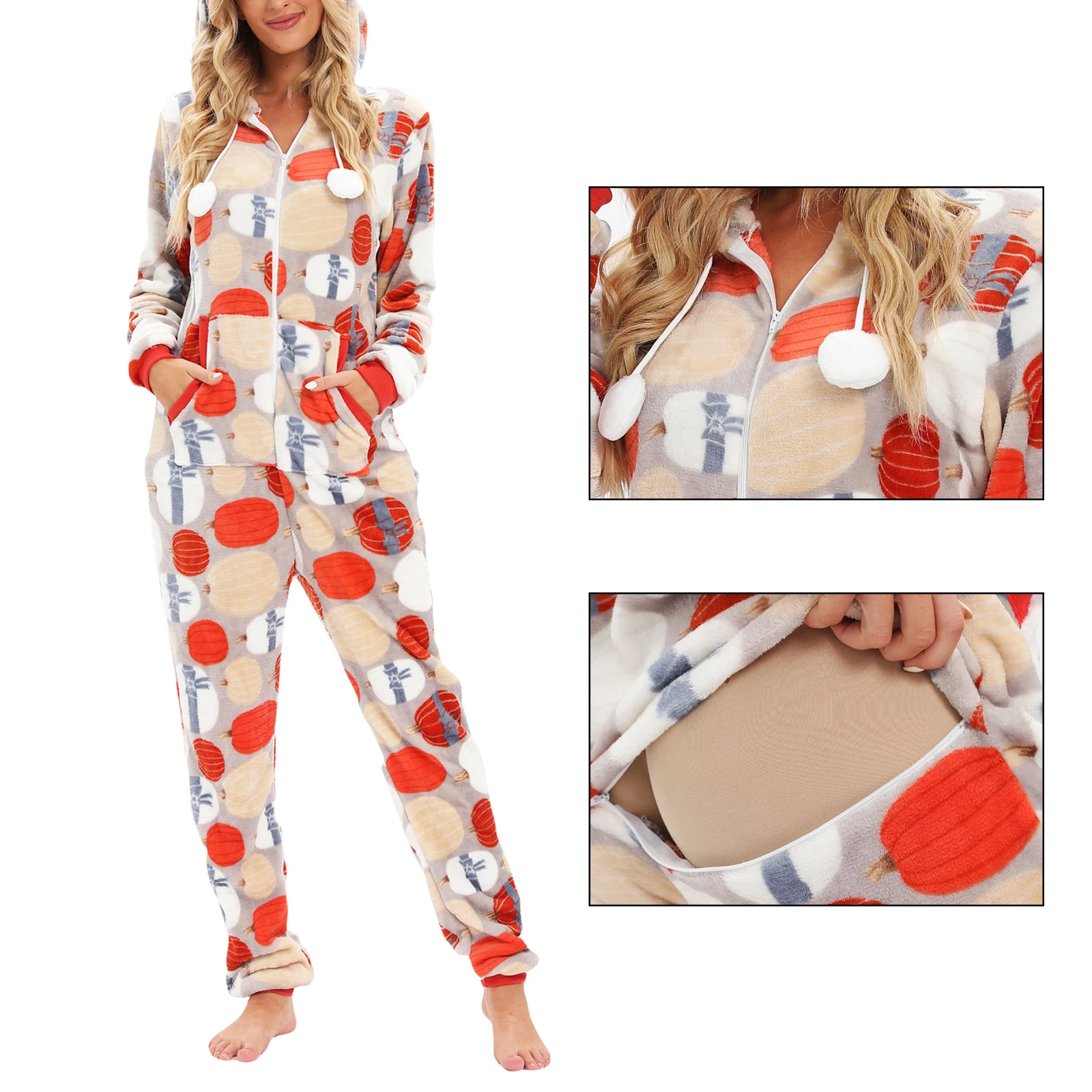 Women Flannel Jumpsuit Pajama, Autumn Winter Soft Warm Long Sleeve Hooded Zipper Closure Lounge Sleepwear Homewear