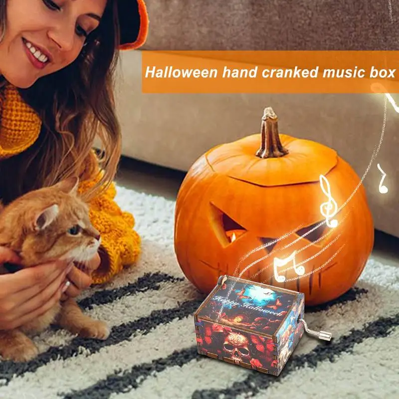 Small Music Box Hand-Cranked Engraved Wooden Musical Box Halloween Home Decor Nightmare Before Christmas Music Box for Halloween