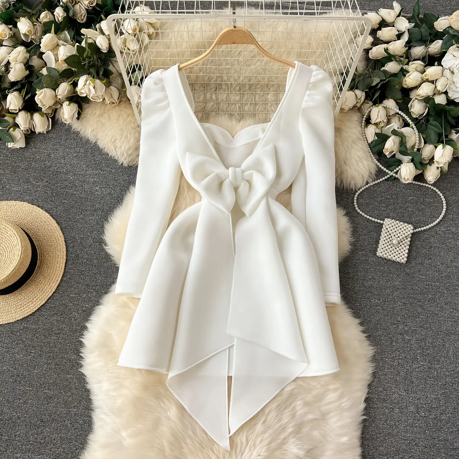 White Wedding Dress For Women Hollowed Out Backless Bow Decoration Short Dresses Waist Cinched Bubble Long Sleeve Fall Dress