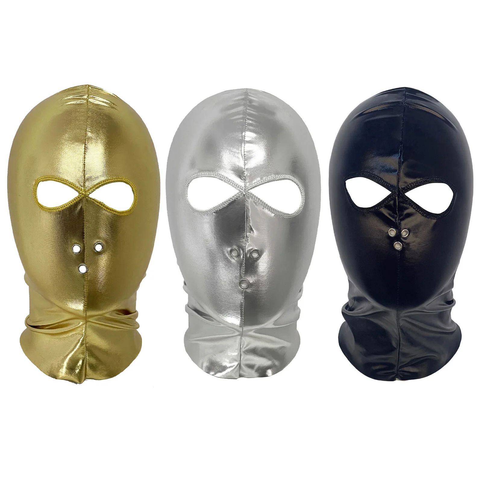 

Adult Cosplay Face Mask Metallic Shiny PU Leather Mask Head Cover Open Eye Headgear for Halloween Party Role Play Headpiece Ma