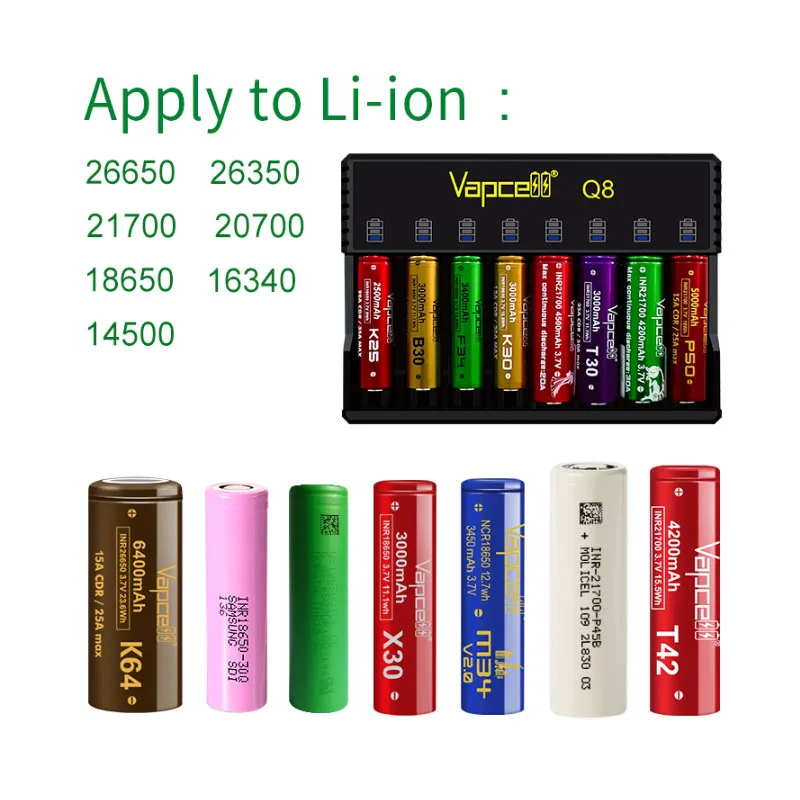 오리지널 Vapcell Q8 충전기, 각 슬롯 1A, 리튬 배터리 충전기, 18350/18650/21700/26650 셀용 범용 배터리 충전기