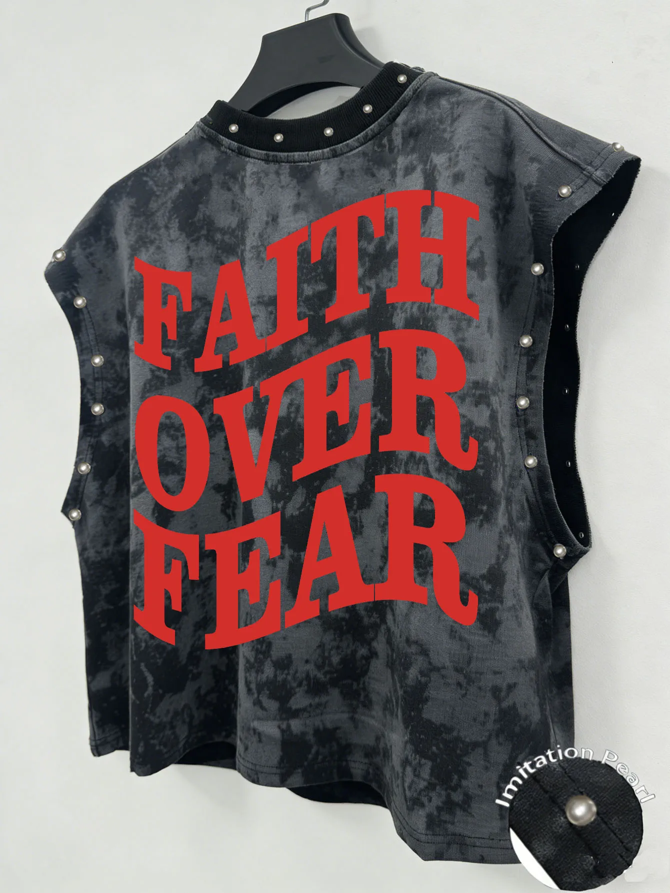 Unisex Vintage-Style Vest Featuring 'Faith Over Fear' Lettering and Faux Pearl Accents—Perfect for Music Festivals.