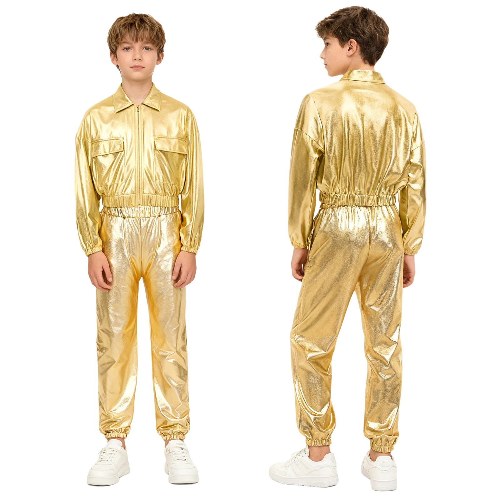 Kids Boys Girls Hip-Hop Jazz Dance Performance Costume Set Metallic Long Sleeve Jacket Coat with Pants Modern Stage Dancewear
