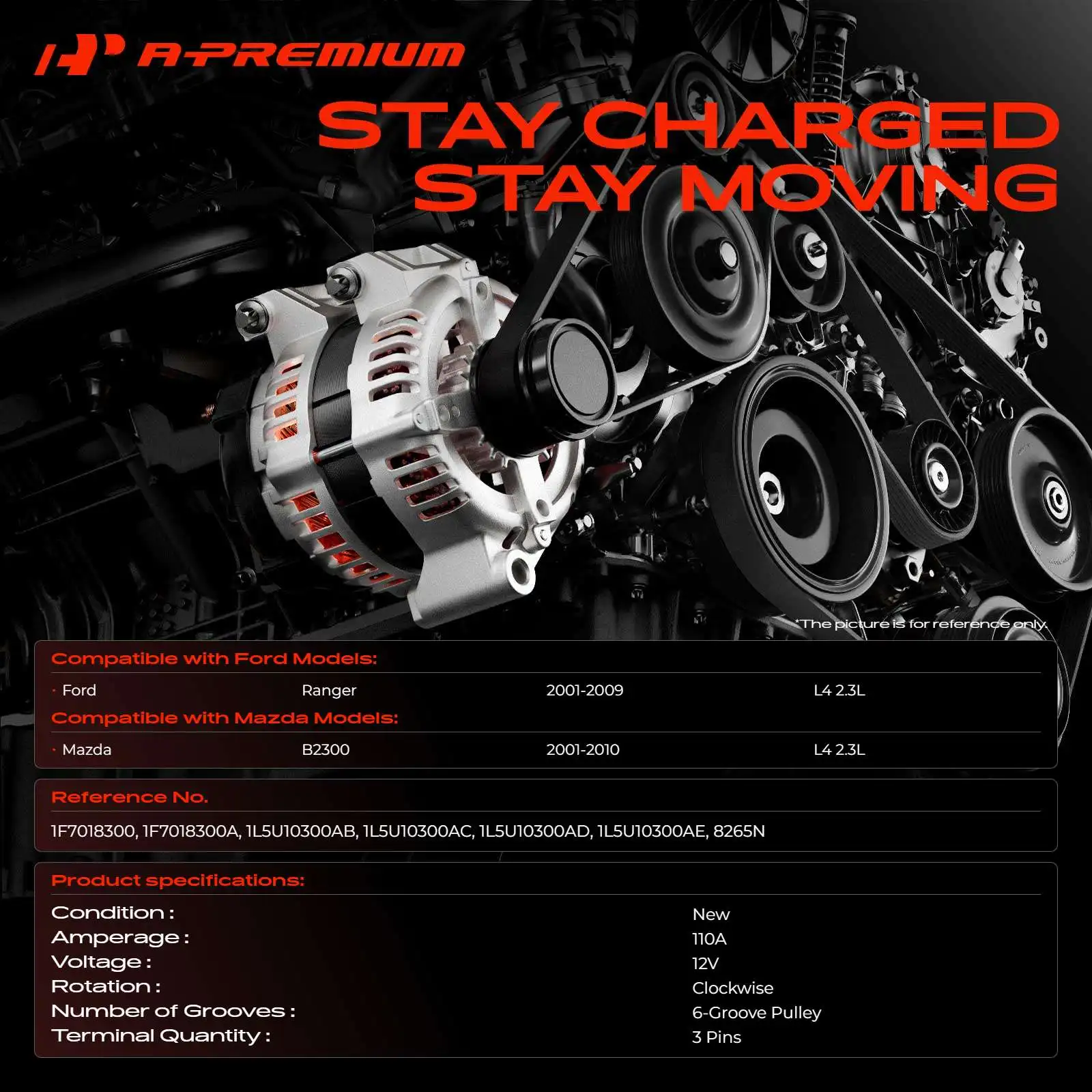 A-Premium Alternator for Ford Ranger 2001-2009 Mazda B2300 2001-2010