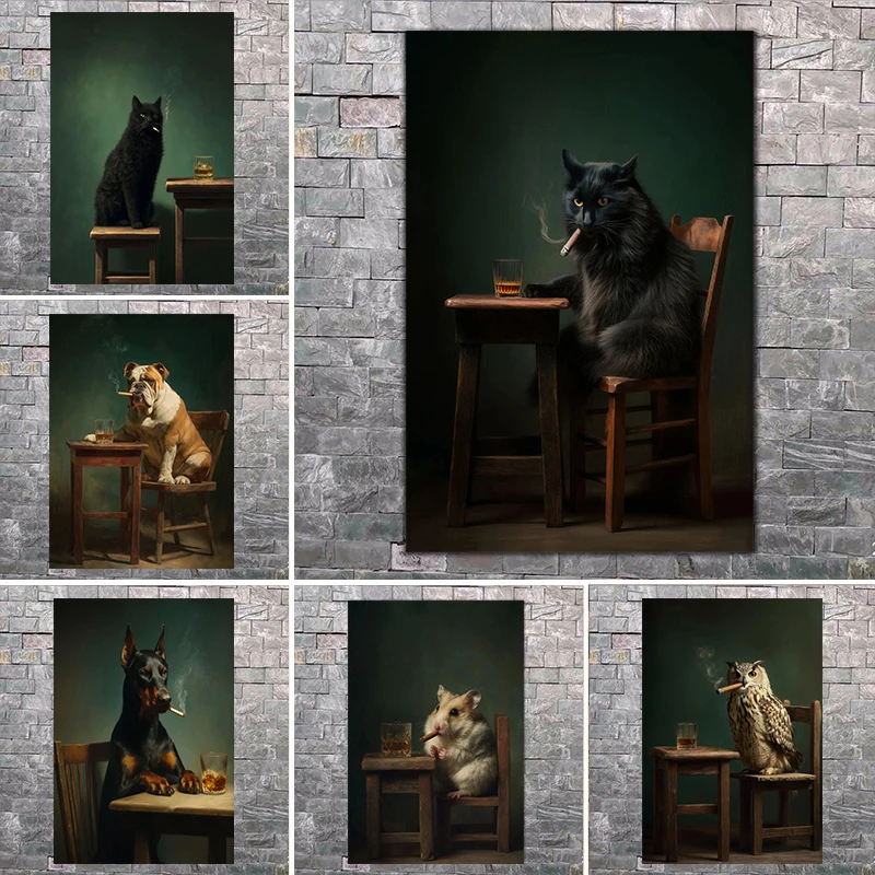 Funny Black Cat Hamster Raccoon Wall Art Smoking Animal Poster Humor Moody Canvas Painting Weird Gothic Home Decor Aesthetics