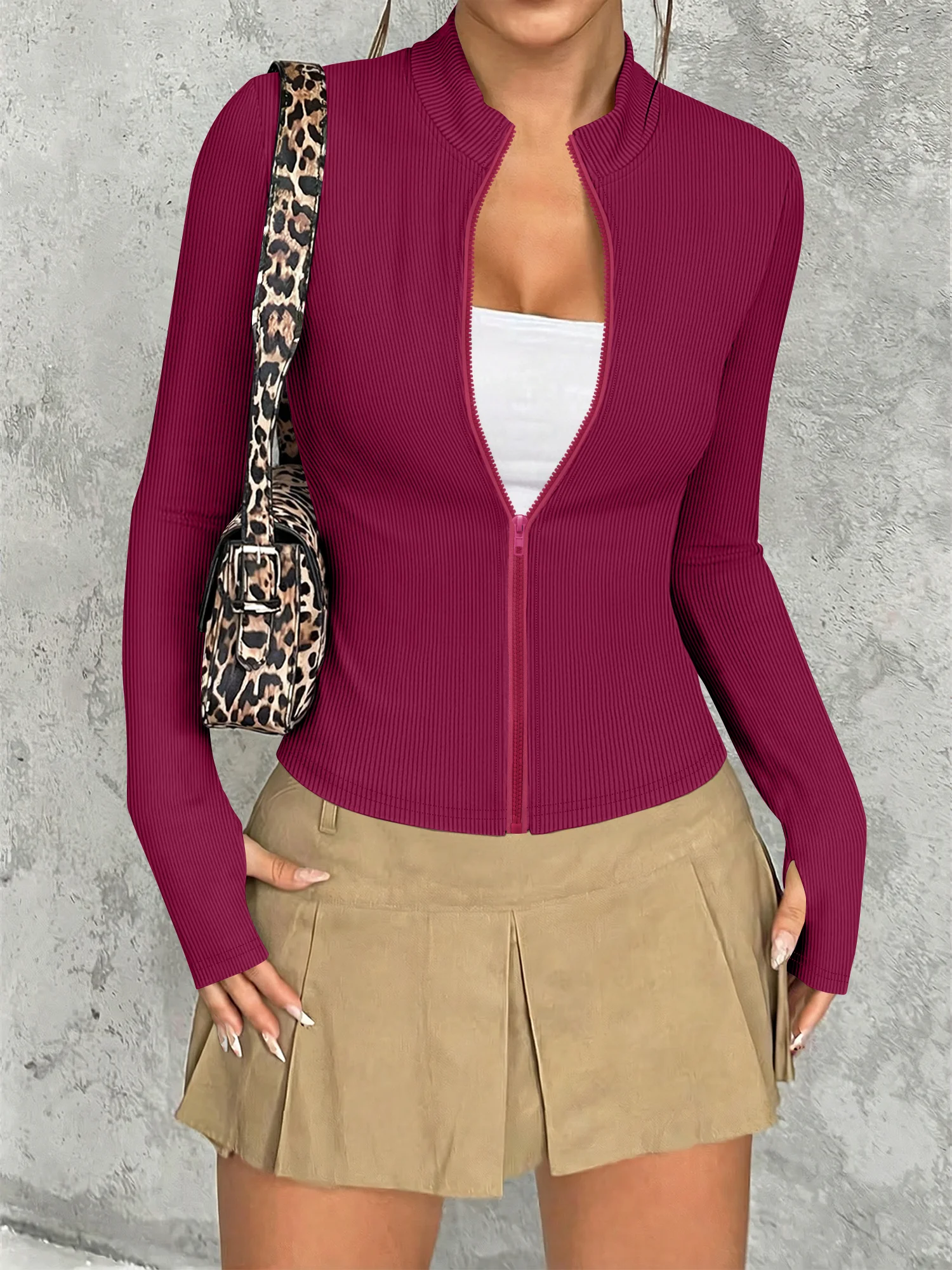 Women Slim Fit Stand Collar Zip Up Top Ribbed Knit Long Sleeve Cropped Casual Street Coat