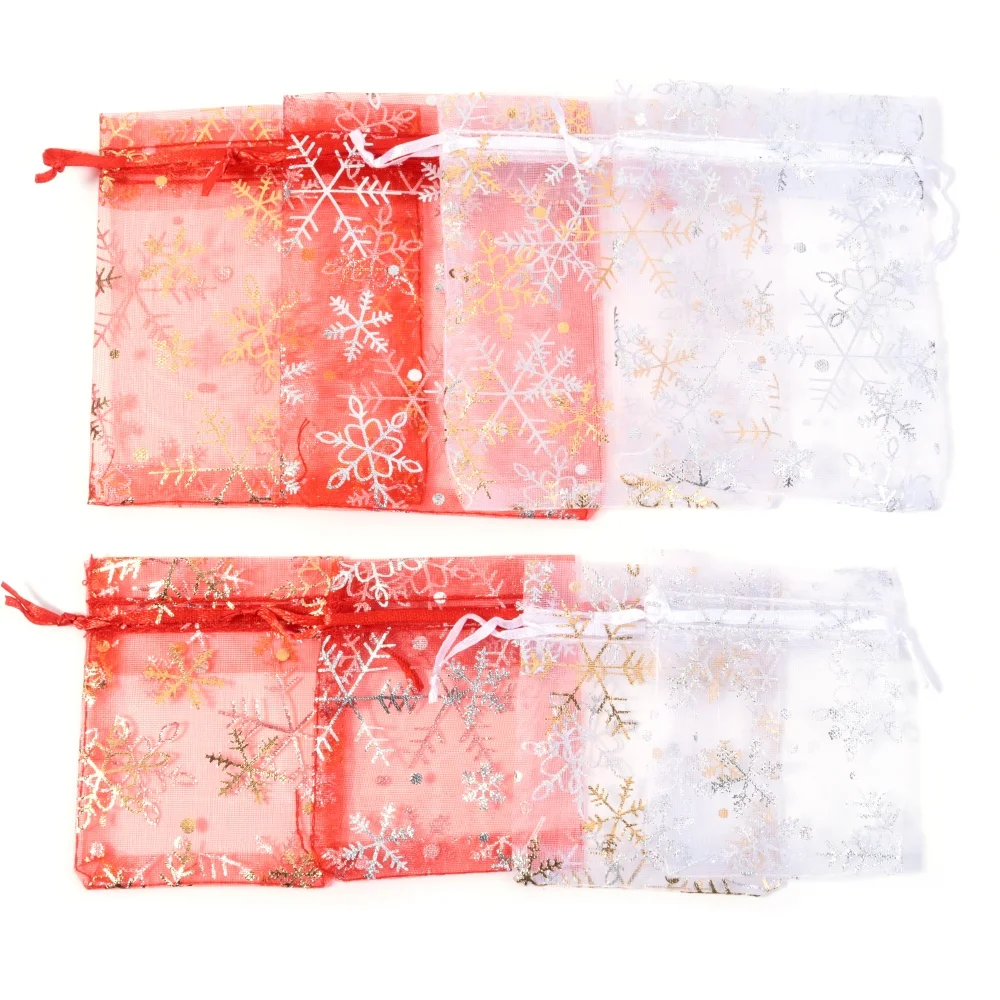 

10-50pcs/Lot Hot Printing Organza Gift Bags For Jewelry Snowflake Drawstring Pouches For Wedding Christmas Party Candy Packing