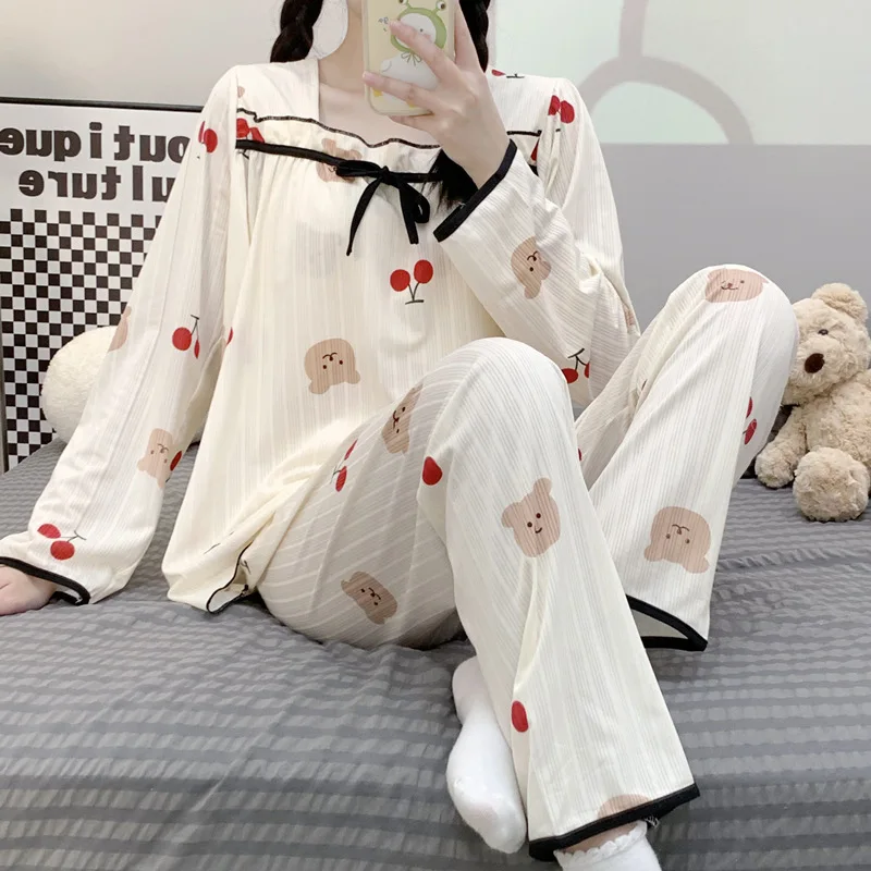 Spring Autumn Pregnant Women\'s Pajamas Set V-Neck Lace Maternity Women Breastfeeding Clothing Suit Long Sleeve Feeding Homewear