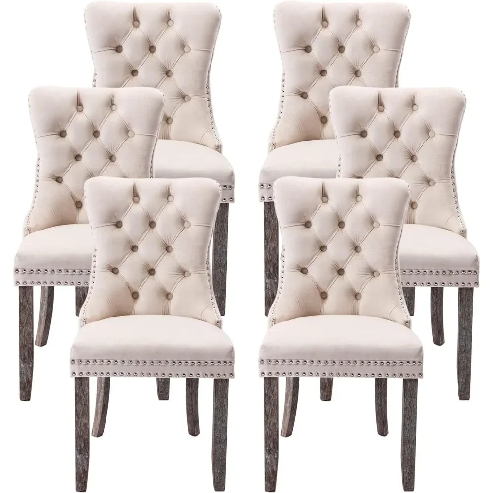 A set of 6 velvet dining chairs with buckle decorations, luxurious velvet dining chairs (beige) for living room and kitchen use