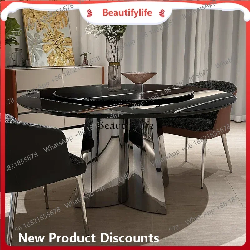 

cn8350 New style New Black gold natural marble dining table modern simple light luxury high-end round luxury stone dining table