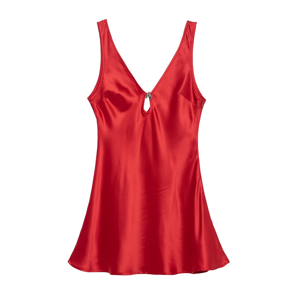 

2025 BM&MD&ZA Women's Red Satin Sling Dress with Deep V - neck and Keyhole Detail for an Alluring Look