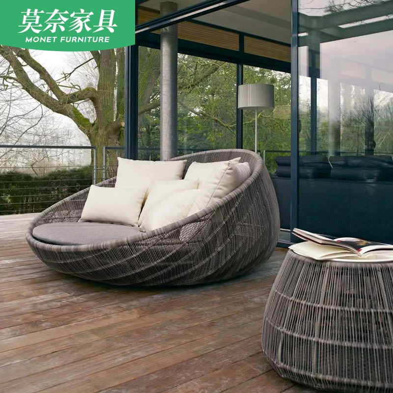 Outdoor Rattan Bett Hotel Terrasse Balkon Möbel Softcover Hause Nordic Villa Freizeit Runde Sofa Garten