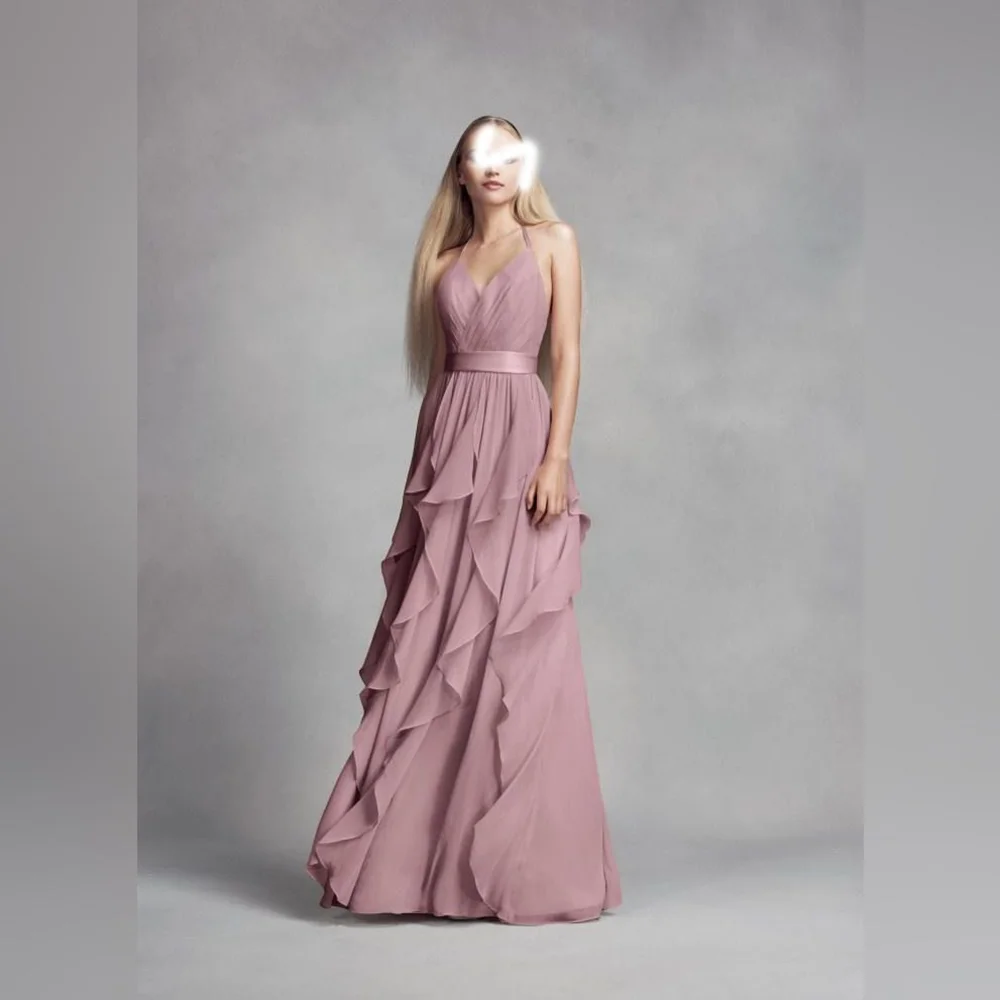 

Simple Draped Pleat Pink Halter A-Line Floor Length Wedding Party Dresses Simple Chiffon Bridesmaid Dresses