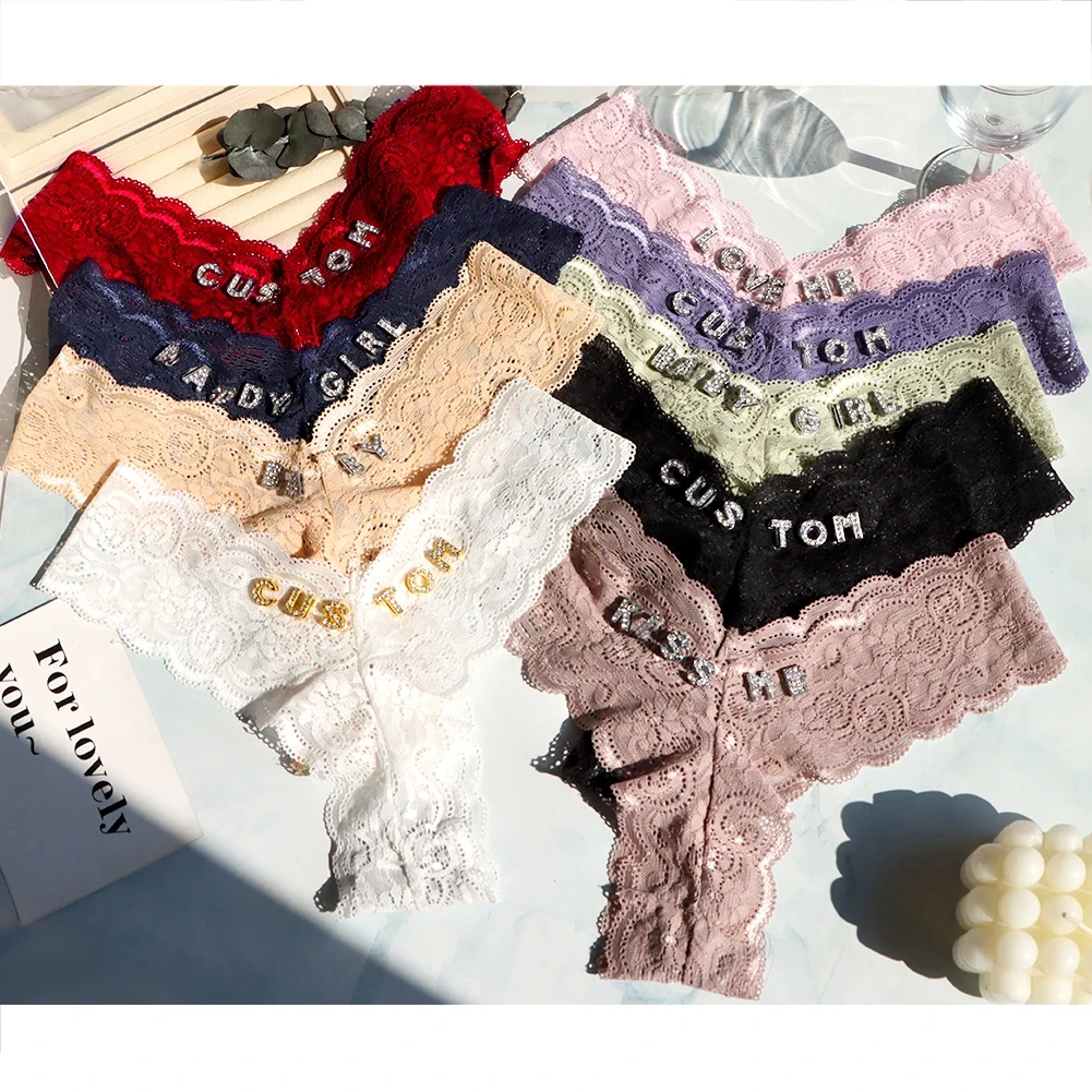 2Pcs/set Custom String Thongs Panties with Name Women Letters Lace Thongs G String Personalized Underwear Lingerie Dice Gifts