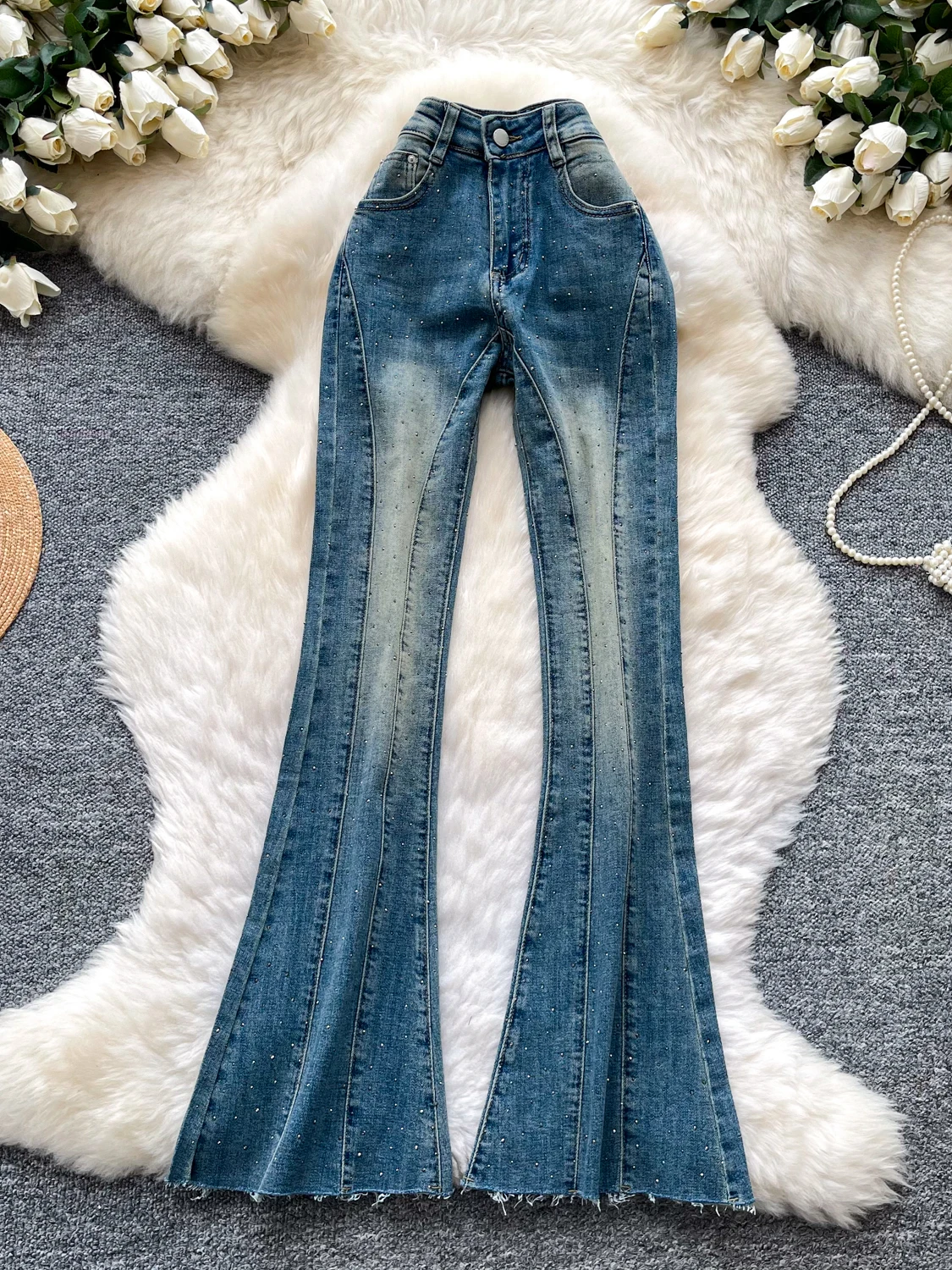 

American Retro High Waist Star Denim Flared Pants Women's Spring New Frosted Slimming Sexy Long Pants Casual Style