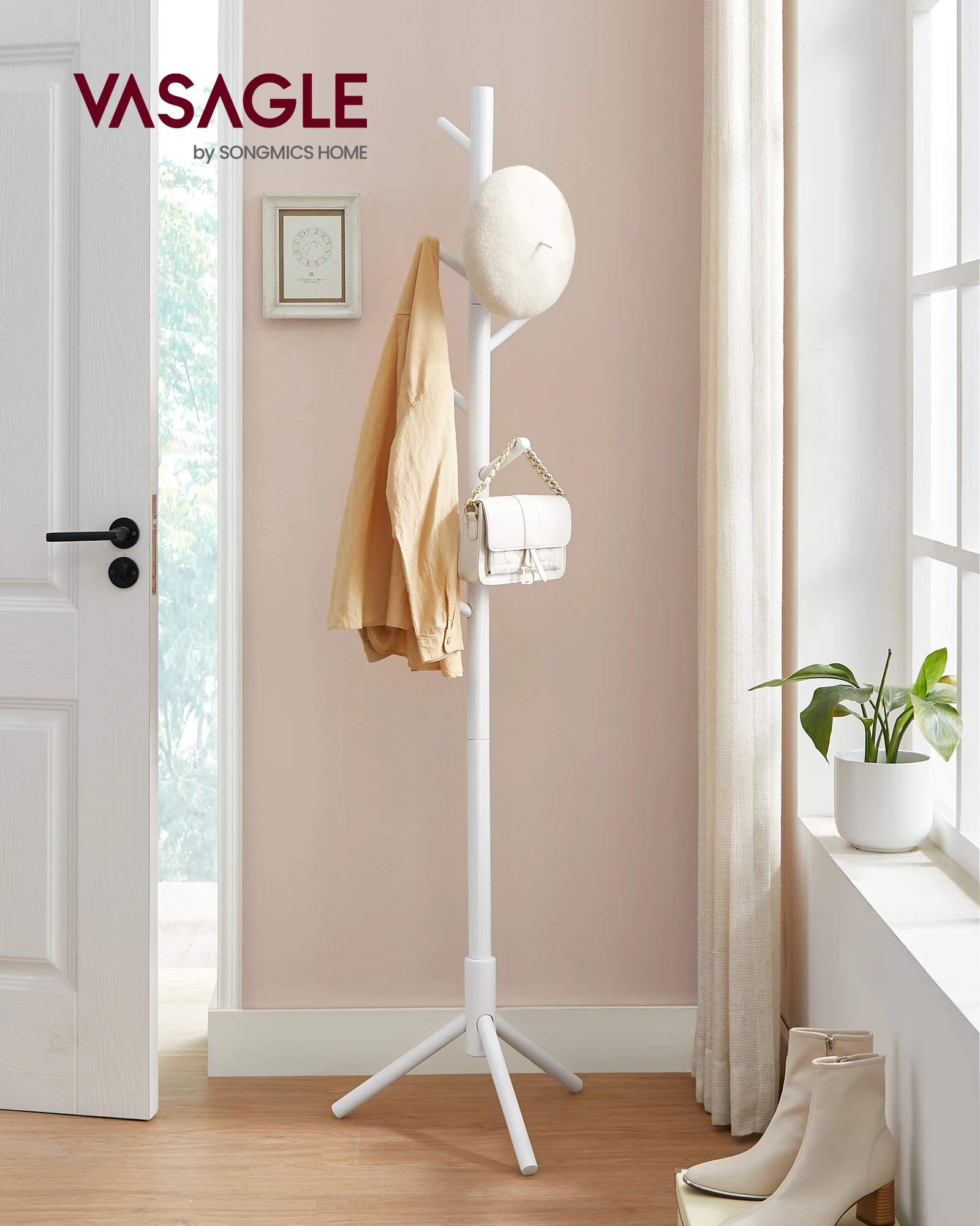 VASAGLE Standing Coat Rack, Solid Wood Coat Rack, Tree-Shaped Coat Rack with 8 Hooks, 3 Height Options, for Clothes, Hats, Bags