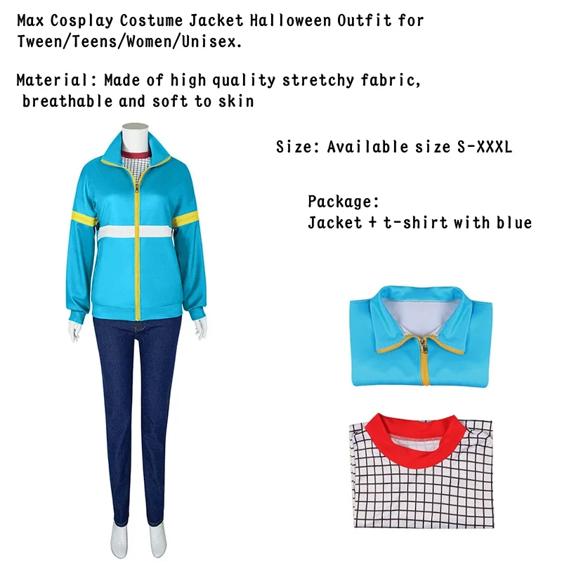 Max Mayfield Cosplay Costume Blue Coat Plaid Shirt Sweatshirt Jacket Suit Halloween Costumes for Women