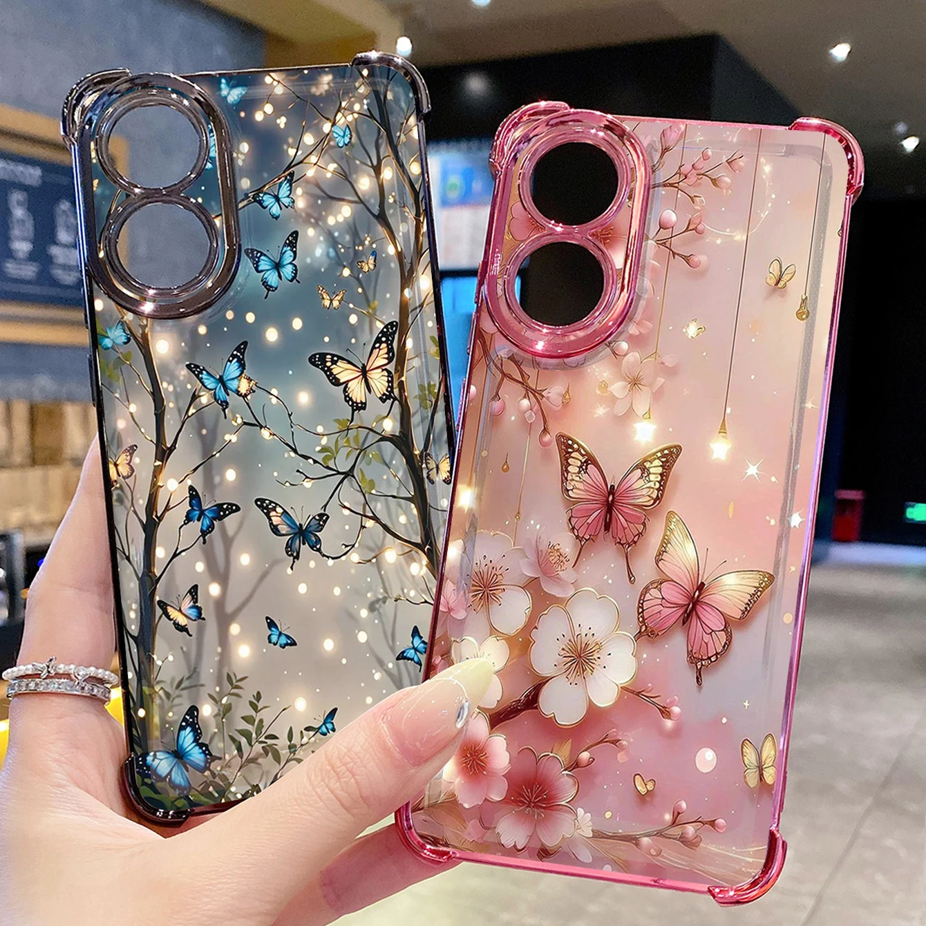 for OPPO A3X A2 Pro A40 A60 A18 A38 A17 A16 A57 A77 4G A78 A58 5G Flower Butterfly Clear Plating Case Anti Drop Cover