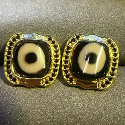 1pair/lot Natural Old Agate Dzi Stud Earrings Ethnic Style S925 Silver Ladle Gold Inlay Process Exquisite Workmanship jewelry