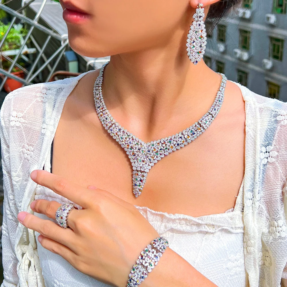 CWWZircons Luxury Chunky Multi Color Cubic Zirconia Pave Women Wedding Party Bridal  Jewelry Sets Dubai 4pcs Accessories T751