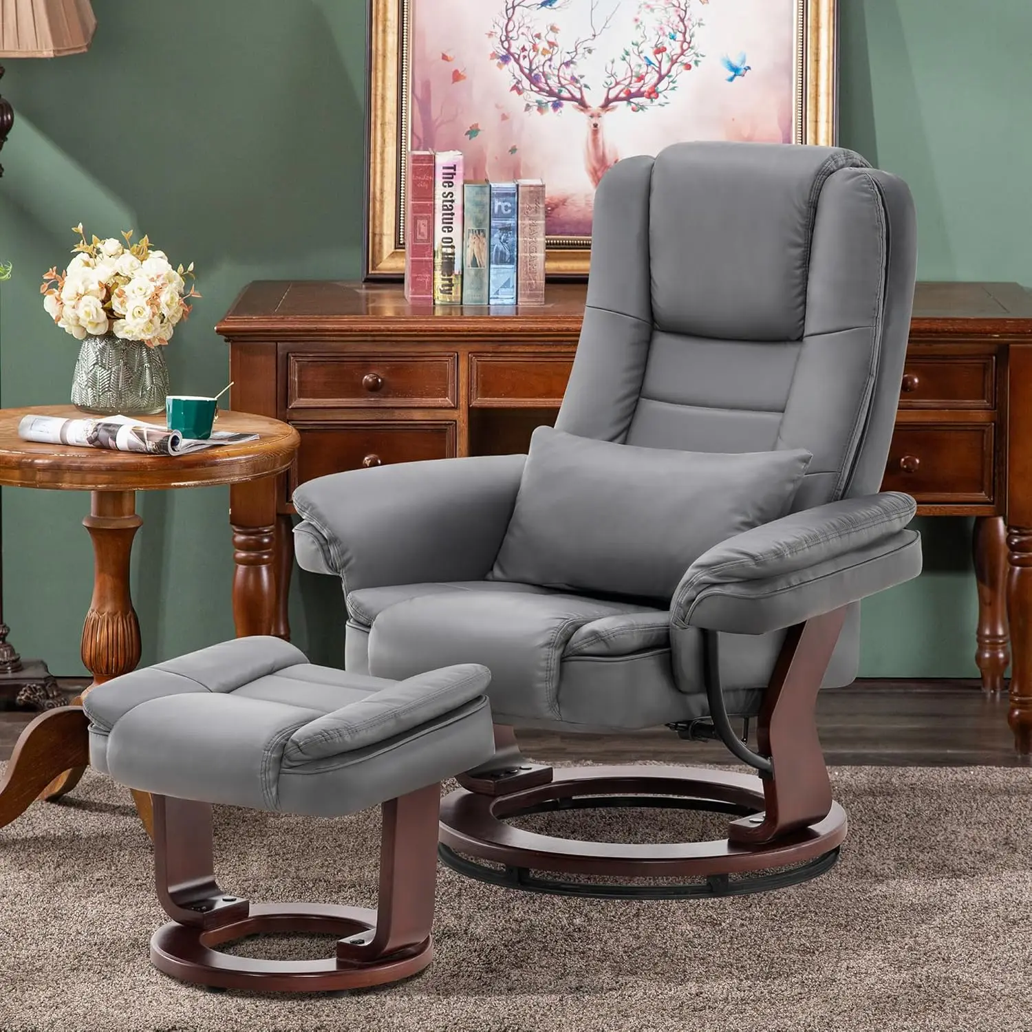 Recliner with Ottoman Chair Accent Recliner Chair with Vibration Massage, Removable Lumbar Pillow, 360 Degree Swivel Wood Base