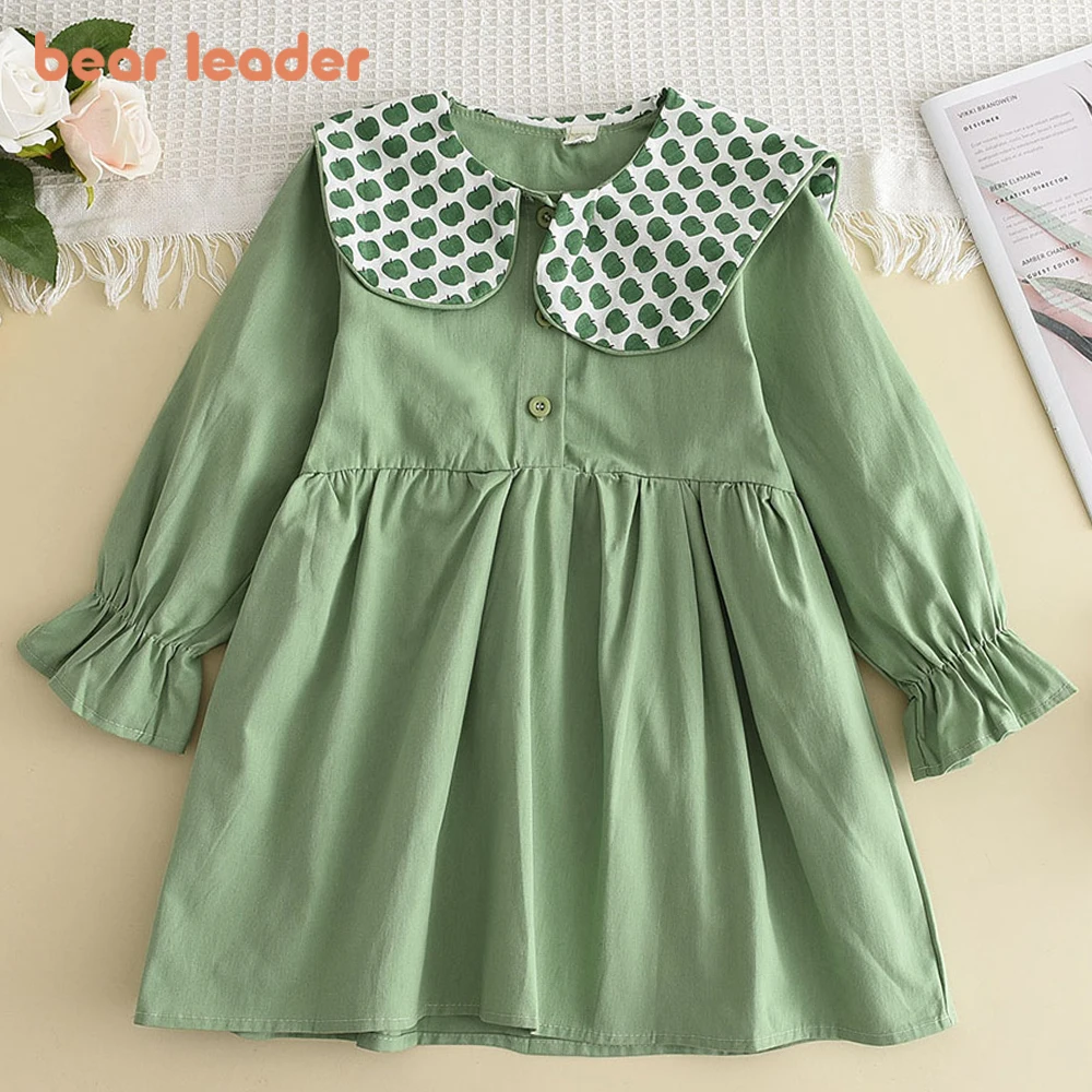 Bear Leader Girl Kids Spring Autumn Dresses 2023 New Fashion Baby Long SLeeve Casual Dress Children Solid Color Costumes