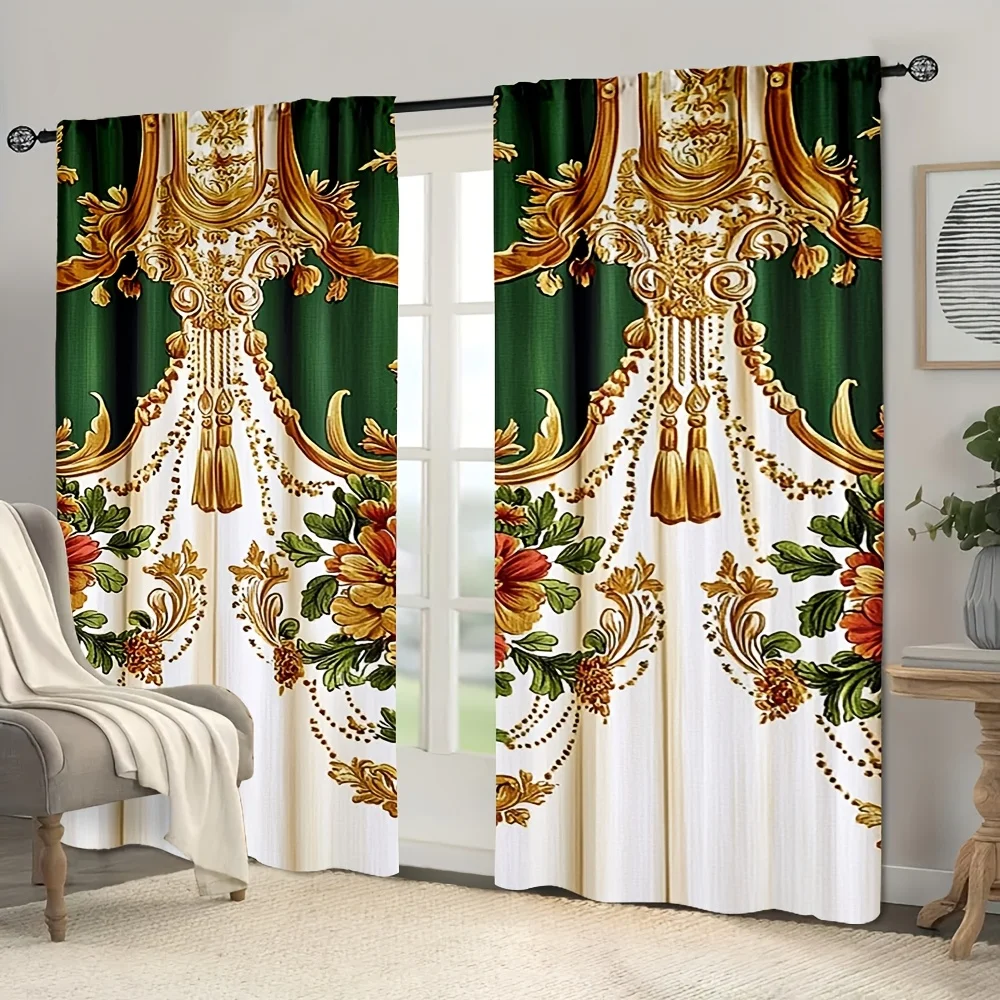 2pcs Green Gold Baroque Floral Curtains Peach Skin Polyester Luxury Living Room Bedroom Home Decor