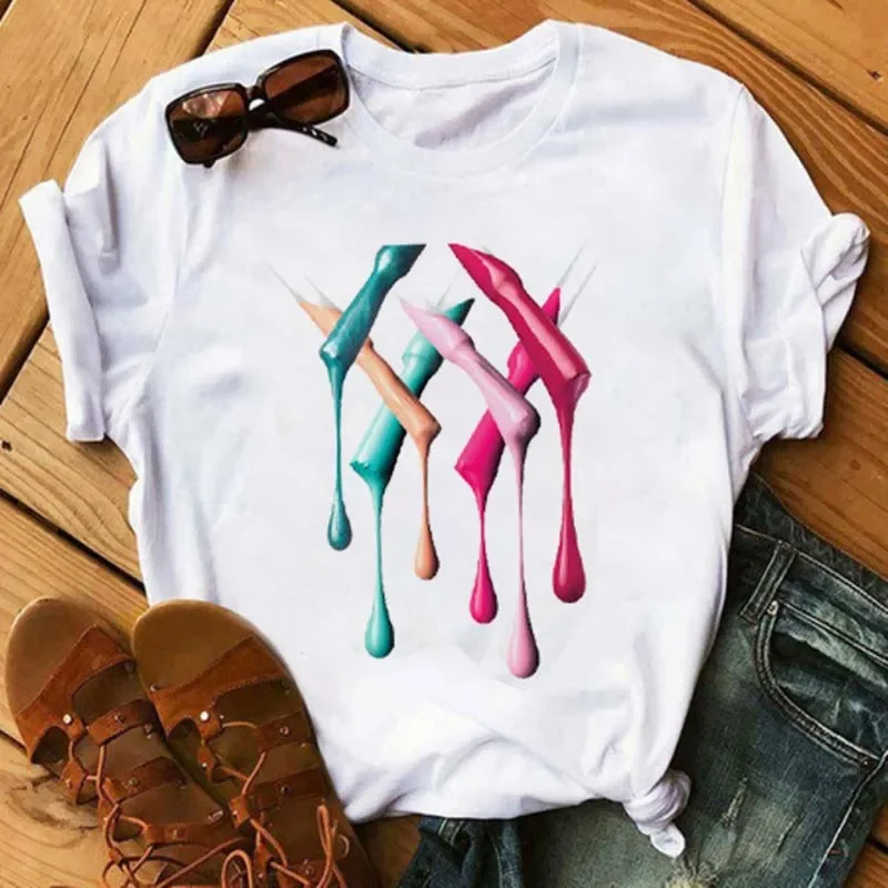 Women T Shirt Fashion Finger Nail Paint Color Cute Printed Top Tshirt Female Tee Shirt Harajuku Women T-Shirt