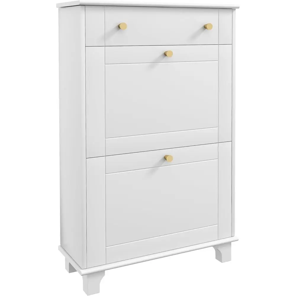 

White Shoe Cabinet Narrow Wooden Shoe Rack with 1 Der and 2 Hinged Door 8 Pairs o Shoes or Entryway Hallway 60 x 23.5 x 98.5 cm