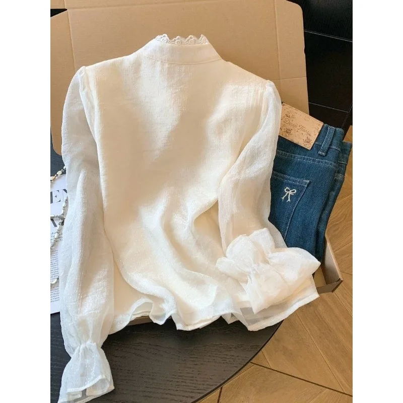 2026 New French Fragrant Celebrity Shirt Long Sleeve Spring Lace Chiffon Foreign Style Lace Sweet Premium Top