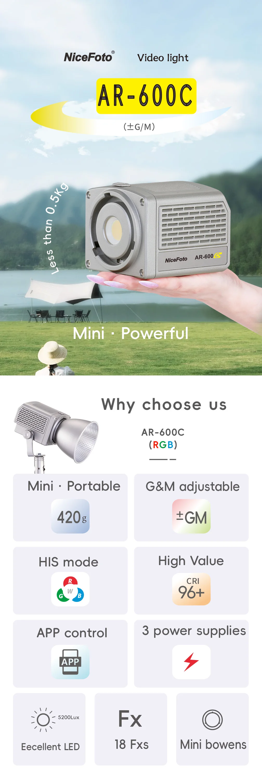 NiceFoto AR-600C 60W Portable Mini RGB LED Video light For Outdoor Use
