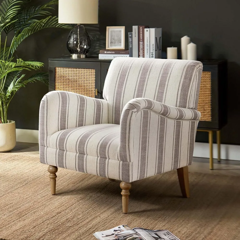 Modern Accent Chair with Arms and Wooden Legs, Comfy Upholstered Armchair for Living Room, Bedroom (Stripe Pattern)