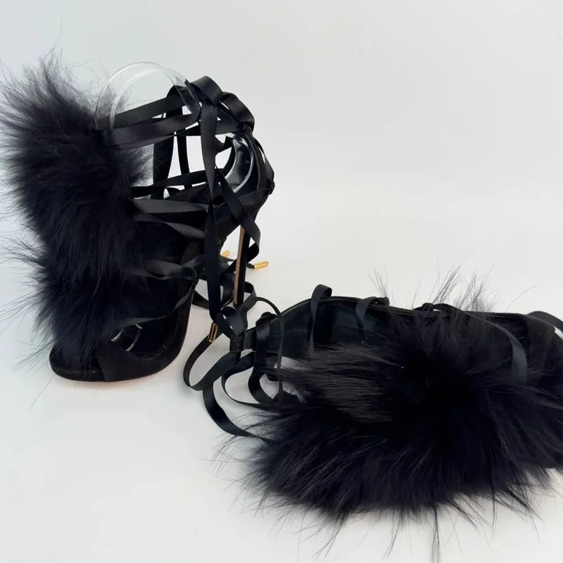 الفراء الدانتيل يصل اللمحة تو الجوف خارج Sandas مثير جولة تو كعب رقيقة قبول مخصص الوافدين الجدد أزياء النساء المدرج الأحذية