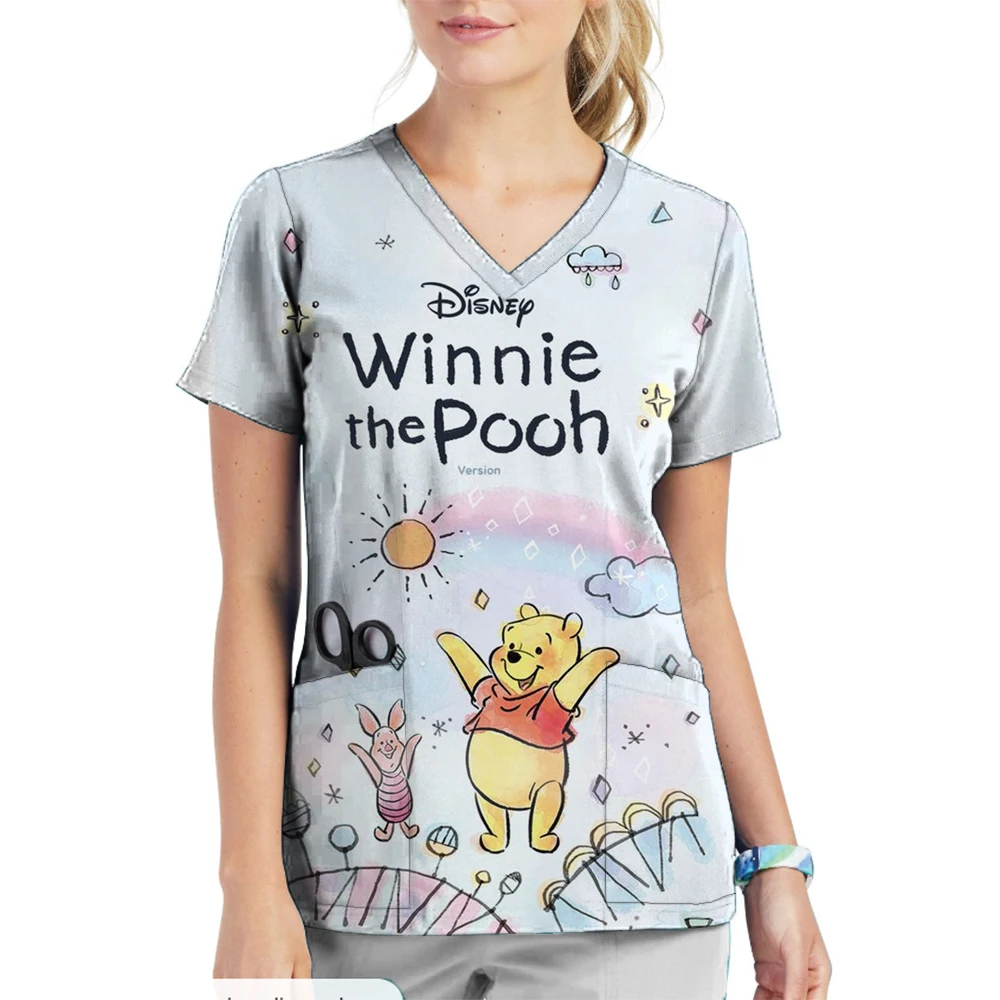 Winnie The Pooh Clinic โรงพยาบาลพยาบาล Workwear ฟัน 3D พิมพ์เสื้อยืดผู้หญิง V คอกระเป๋าทางการแพทย์เสื้อผ้าพยาบาล TOP ทํางาน
