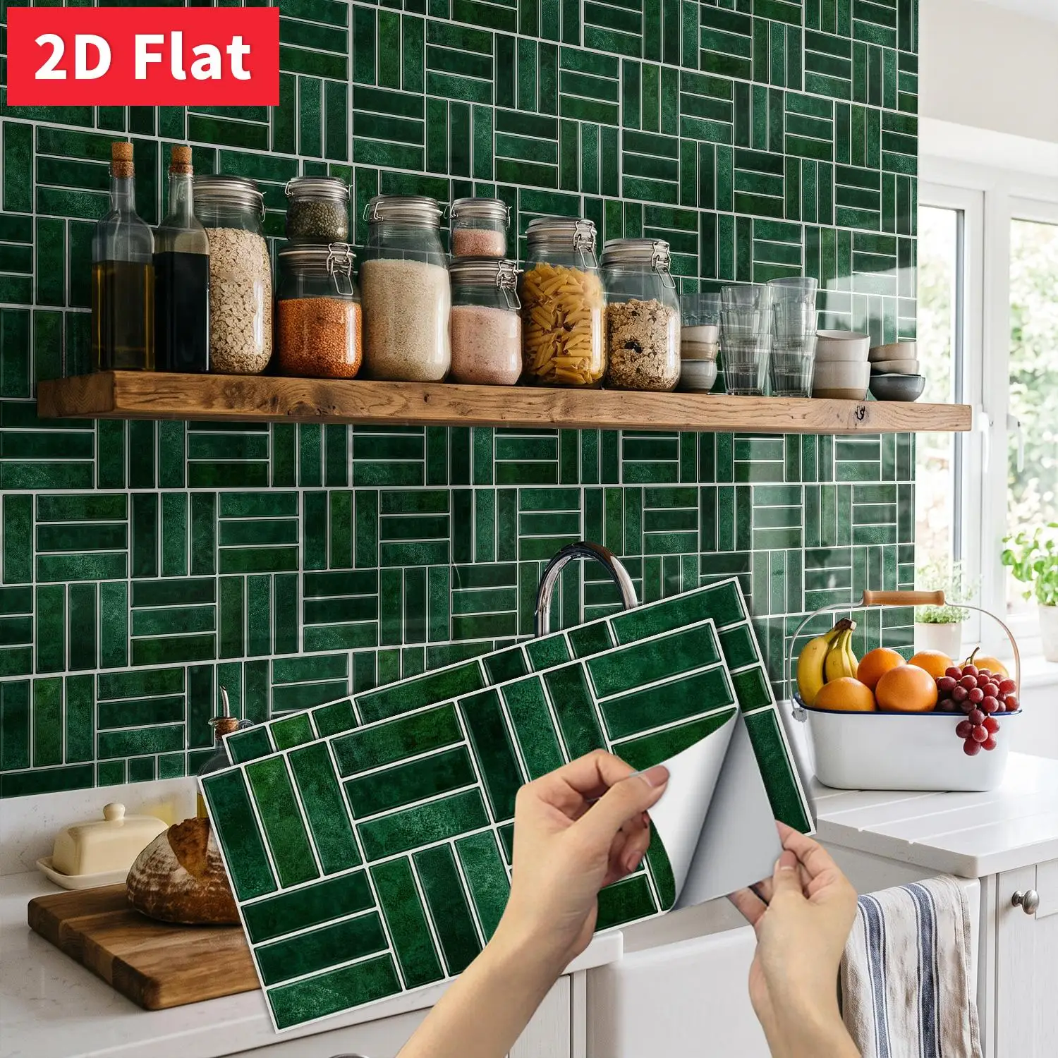 Emerald Dark Green Tile Sticker 11.81x5.91 inch Self-adhesive HD Pattern Crystal Film Home Wall Renovation Decal