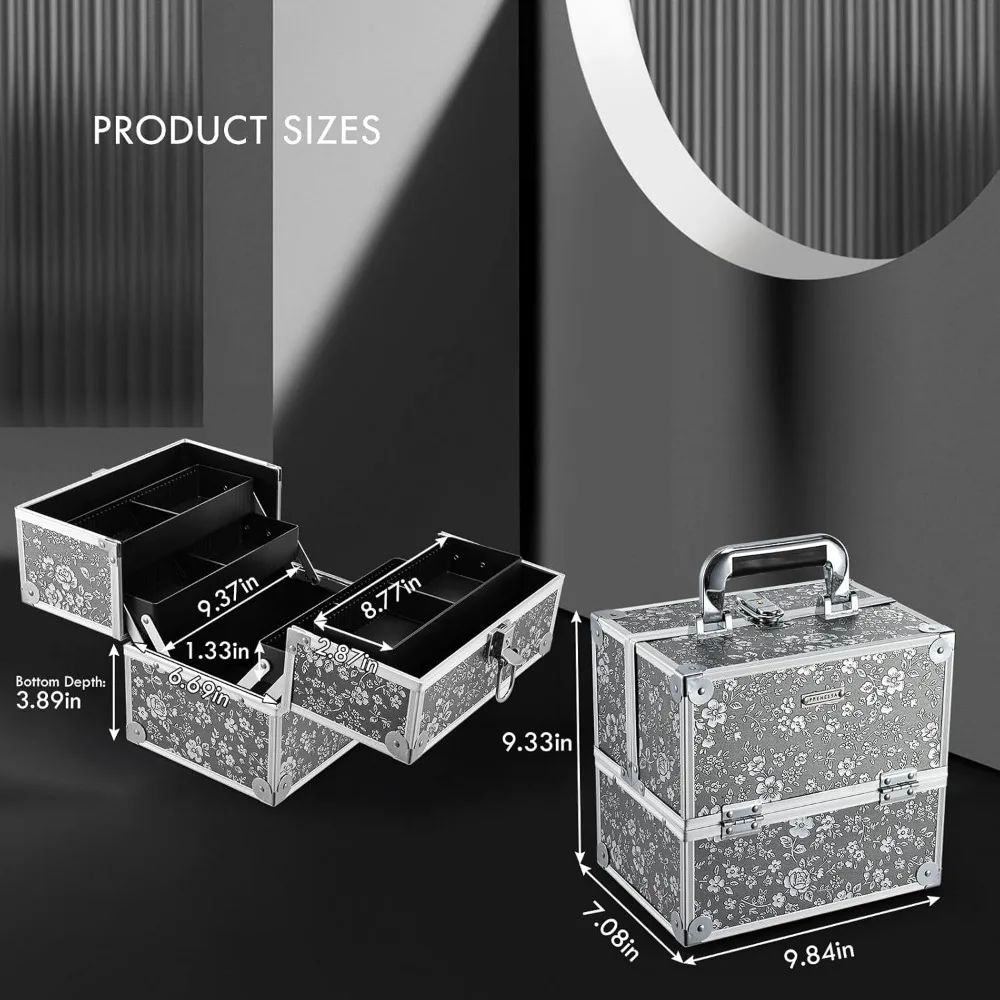 Portable Lockable Makeup Case with 4 Trays, Dividers & Spacious Storage - Silver Floral Design for Travel & Daily Use