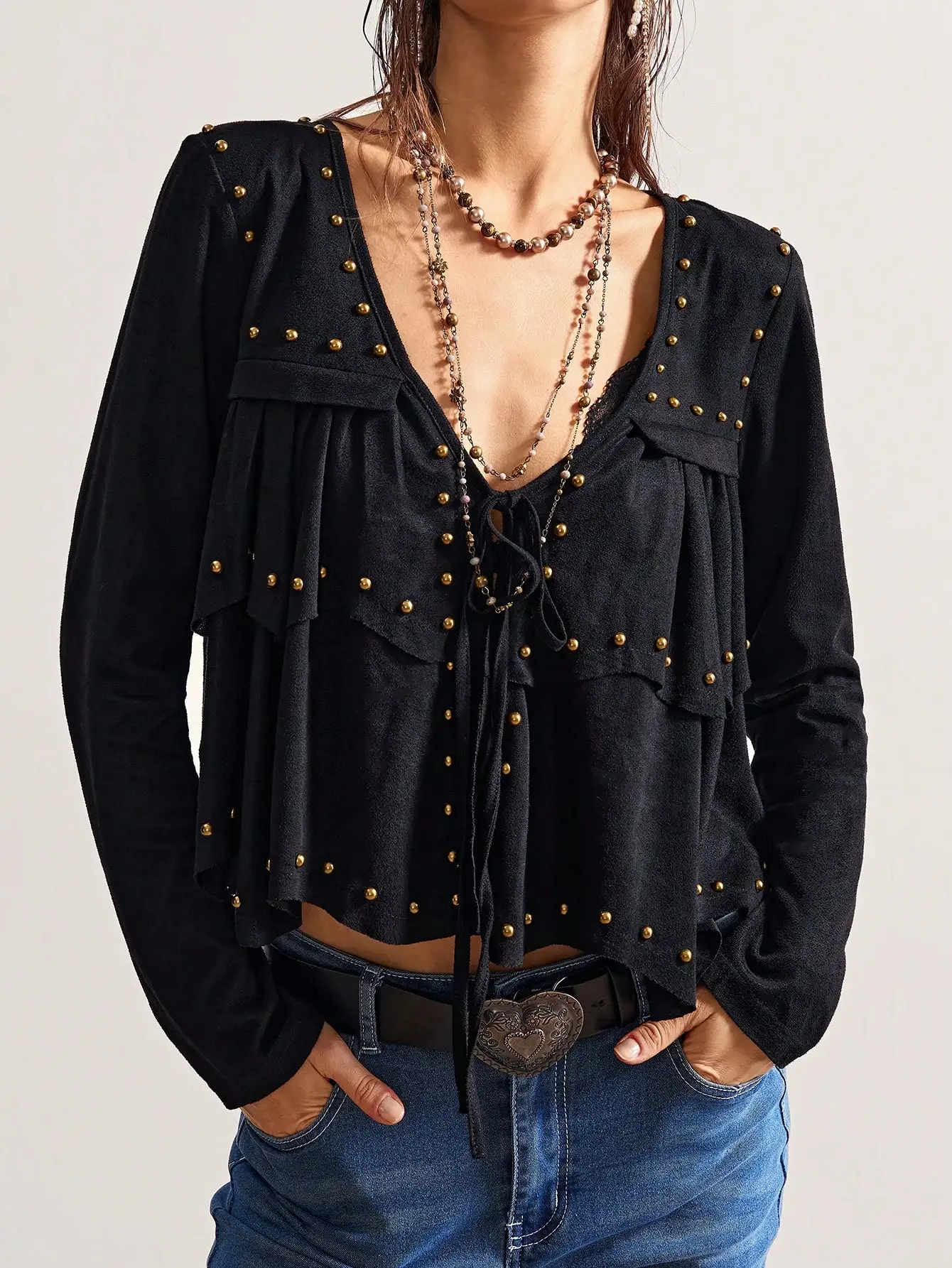 

Boho Studded Long Sleeve Loose Blouse for Women, V Neck Ruffle Top with Tie Front, Winter Casual Wear