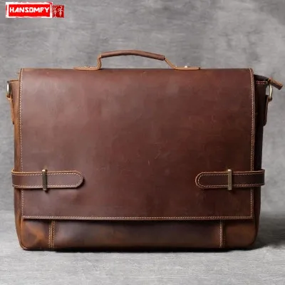 

Retro Men Briefcase Handmade Handbags 15 Inch Laptop Bag Men's Shoulder Messenger Bags Original The First Layer of Leather Soft