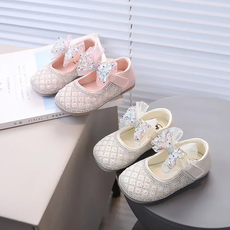 Zapatos de princesa con lazo de malla para niñas, zapatos planos con diamantes de imitación brillantes, zapatos de cuero de suela suave para niños, nueva moda 2024