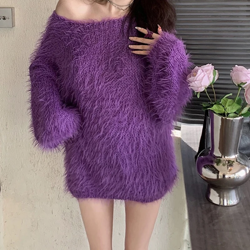 Elegant Women Fluffy Short Dress Autumn Winter Warm Lantern Long Sleeve Sweater Dresses Imitation Mink Velvet Long Sweaters