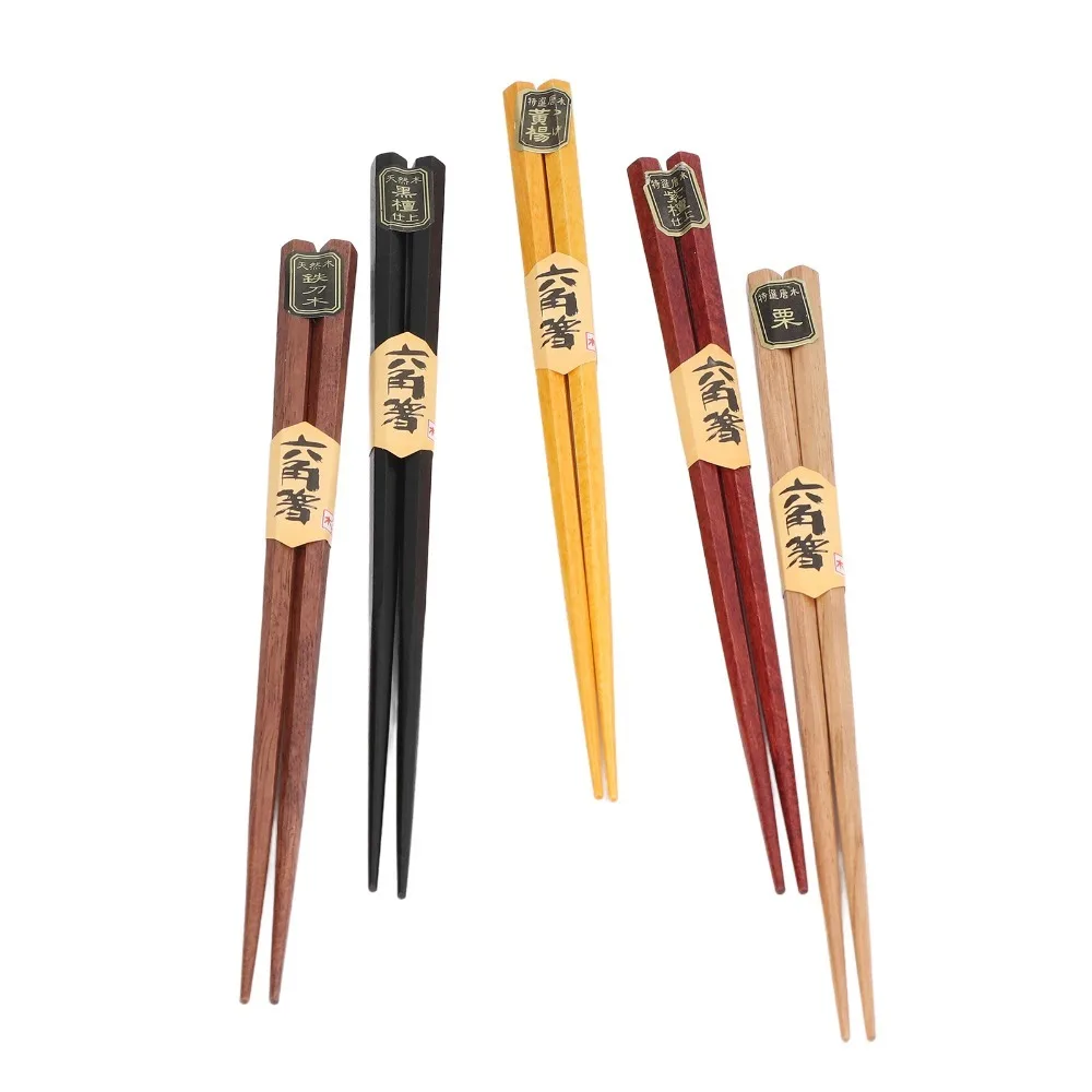 5Pair Wood Material Chopsticks Hexagonal Shape Smooth Surface Food Chopsticks Solid Wood Polished Edge Hotpot Chopsticks Kitchen