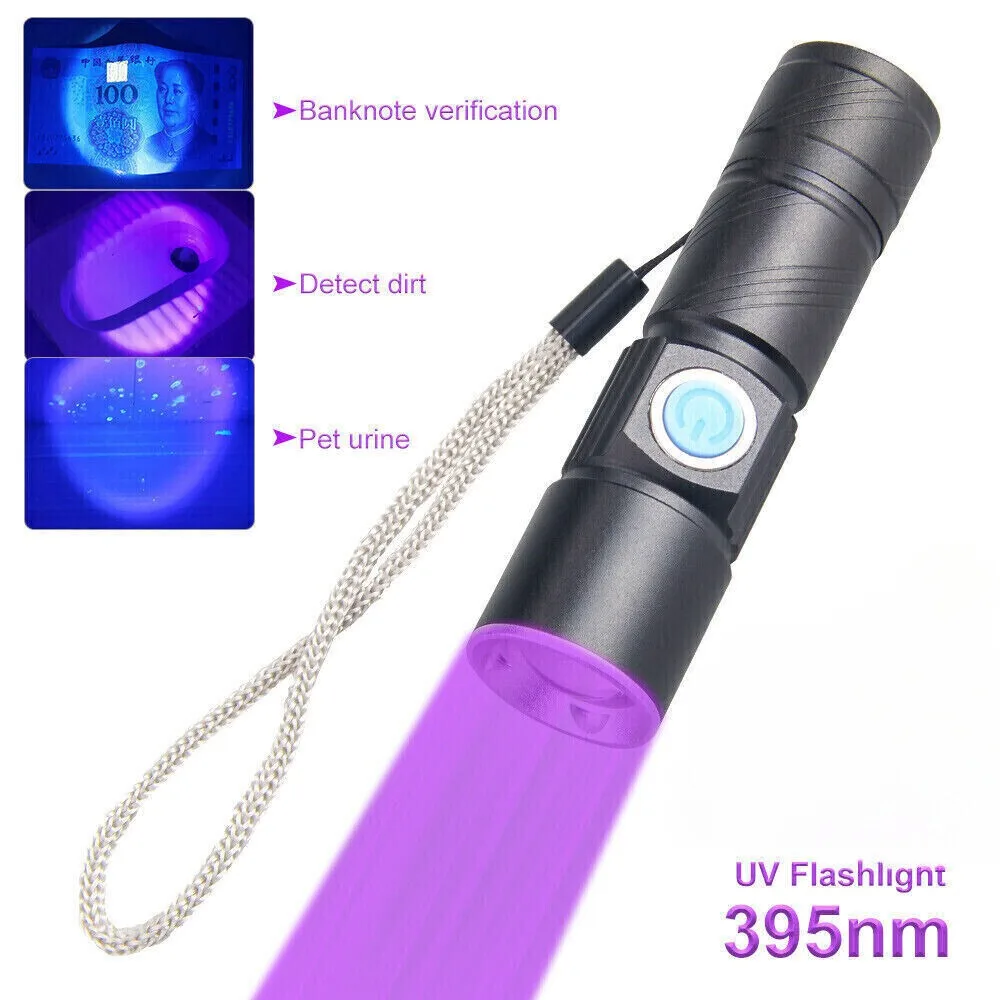 

USB 395nm LED UV Flashlight Zoomable Ultra Violet Torch Pets Urine Money Ore Scorpion Invisible Ink Marker Check Light