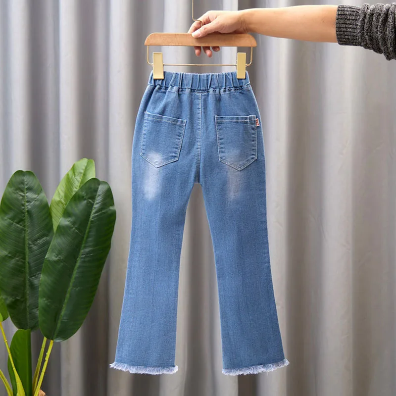 2024 New Autumn Elastic Kids Jeans Girls Cute Leisure Bow Denim Blue Children Flared Pants teenage Girl Clothes Trousers 3-12Y