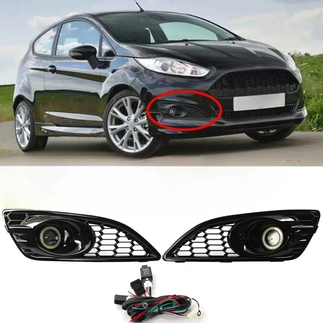 Пара решеток противотуманных фар с сотовой структурой и проводкой для Ford Fiesta MK7 Zetec S Sport 2012-2017